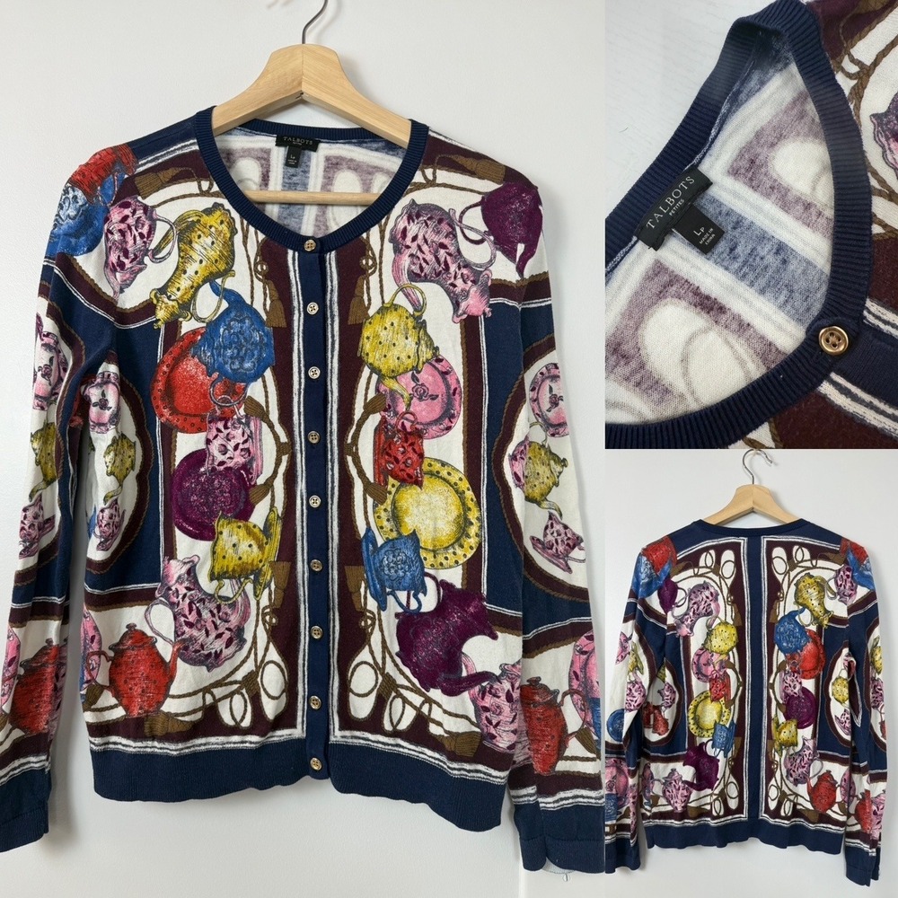 Talbots Petite Large Print Cardigan Navy Blue Teapot Button‎ Front Long Sleeve